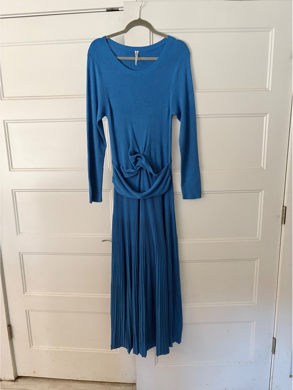 By Anthropologie Blue Ribbed Pleated Midi Dress Size XL Twist Waist